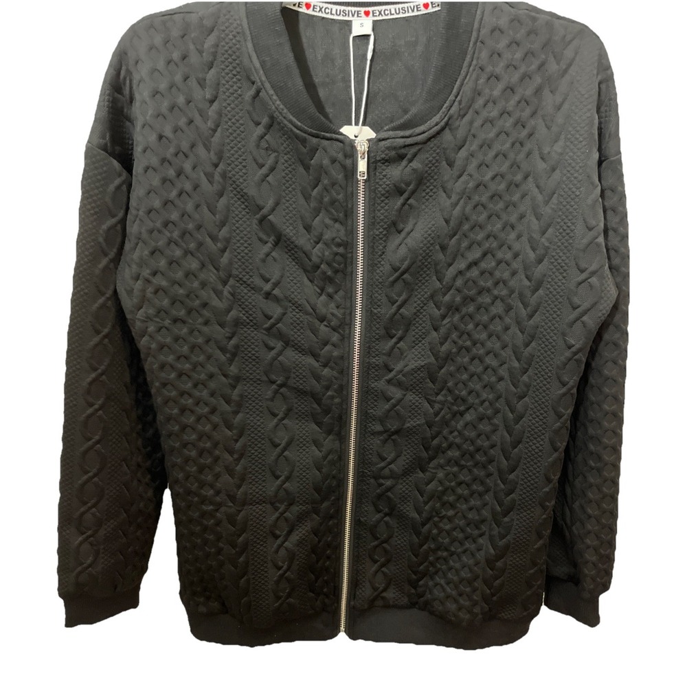 Made With Love Women Black Quilted Cable Knit Full Zip Bomber Jacket Small